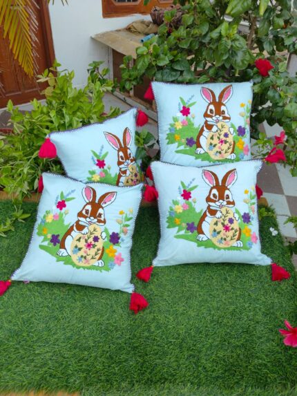 Handmade Embroidered Bunny Cushion Cover with Tassels | Decorative Sofa Pillow for Living Room & Kids Room (16x16 Inch)
