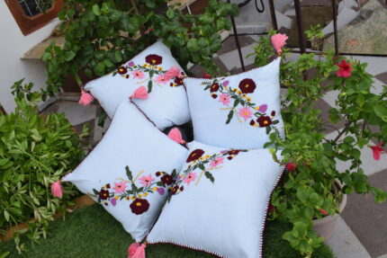 Swadha Home Décor Handcrafted Floral Embroidered Cotton Cushion Covers with Tassels, Light Blue, Pink and Burgundy Floral Design, 16x16 Inch, Set of 4