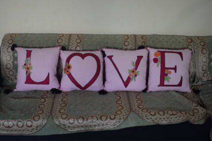 Swadha Handcrafted Love Decorative Cushion Cover Set, Pink Embroidered Floral Design with Tassels, 4 Piece Set for Living Room and Bedroom