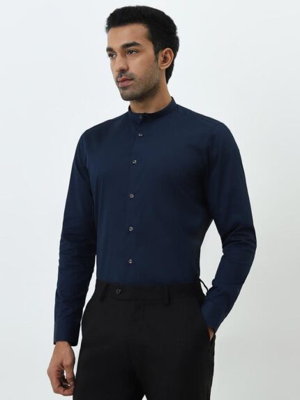 Men’s Solid Navy Blue Mandarin Collar Shirt – Slim Fit