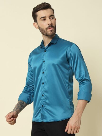 Men’s Premium Teal Satin Shirt | Slim Fit Party Wear Shirt